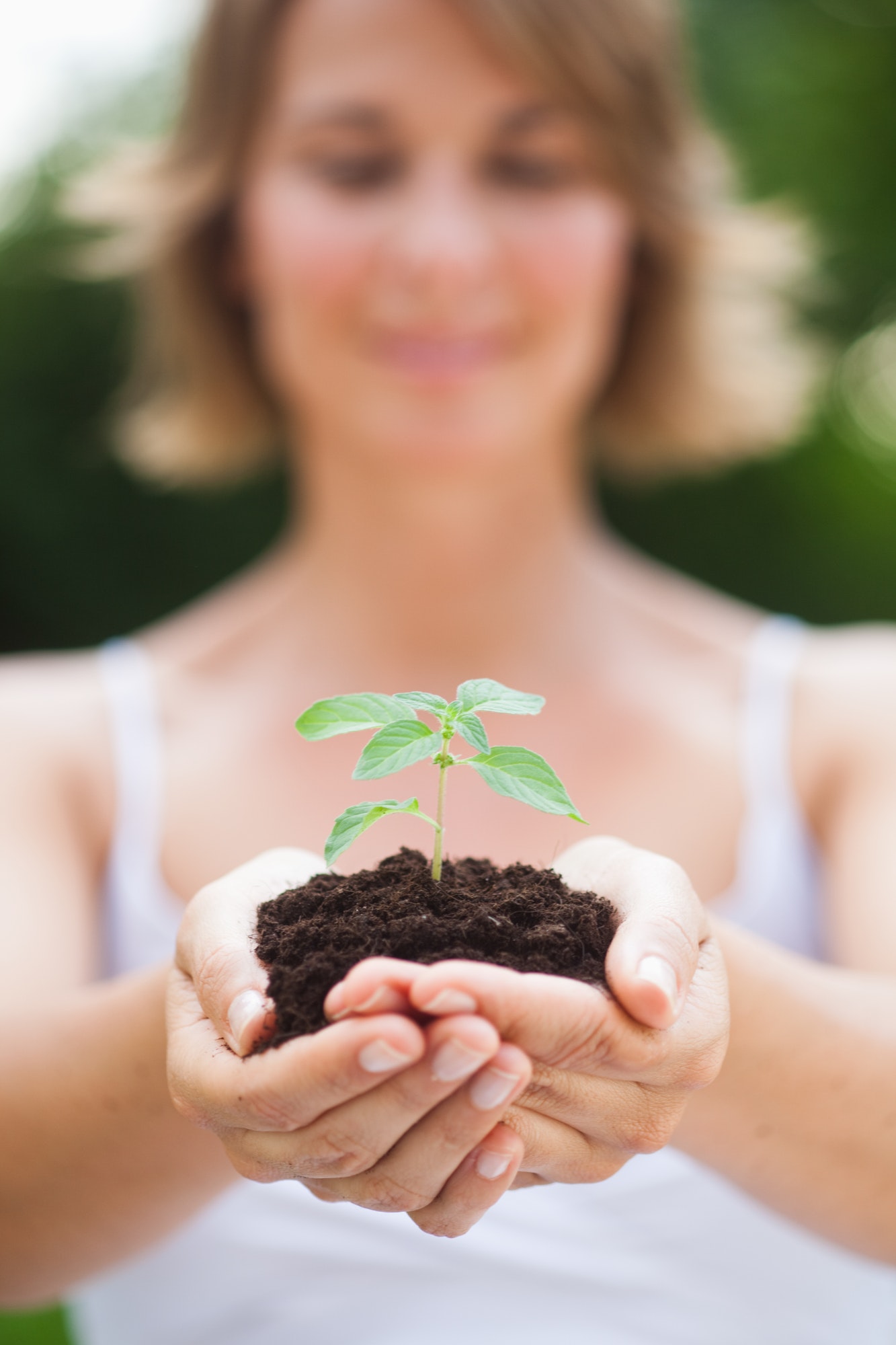 woman holding sapling in heap of earth